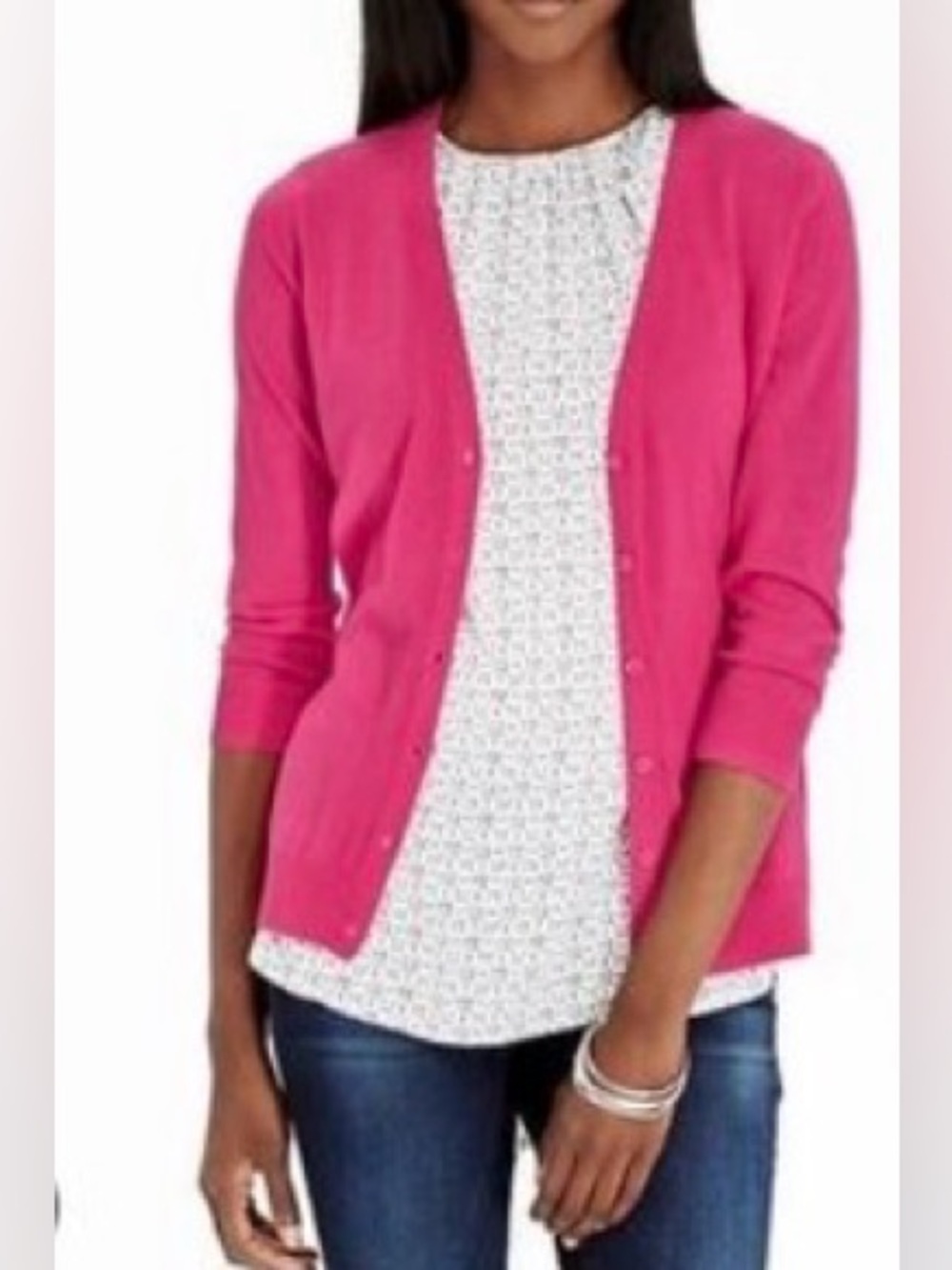 Old Navy Perfect Fit Women's Bright Pink V-Neck Button Cardigan 3/4 Sleeves L